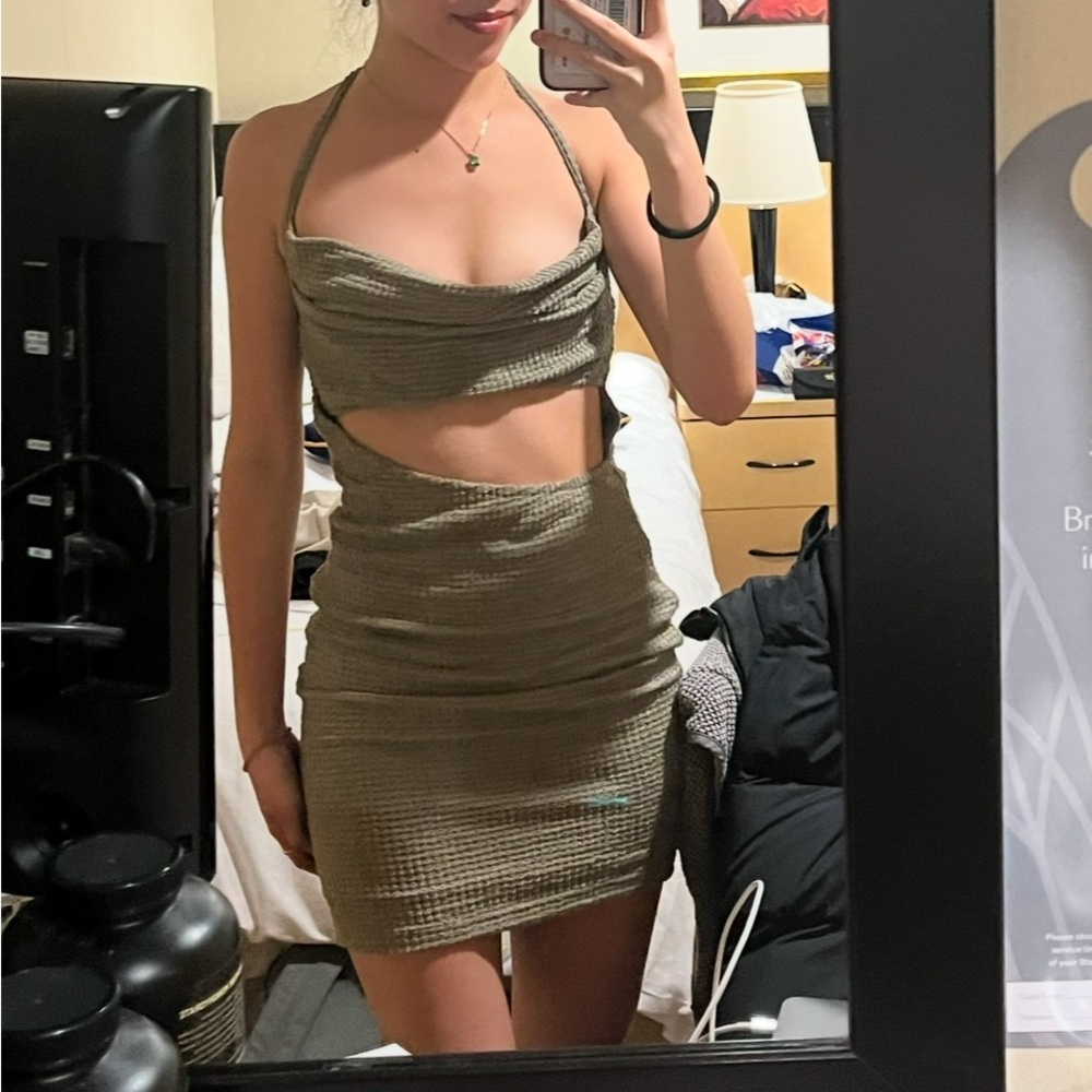 Cowl Neck Halter Cutout Dress in Olive Green
